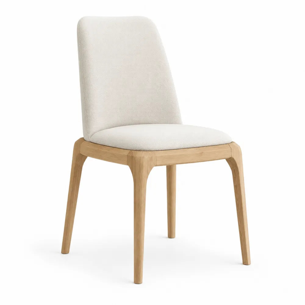 Sedia da pranzo imbottita in tessuto beige chiaro con struttura in legno massello naturale 52 x 54 x 82 cm