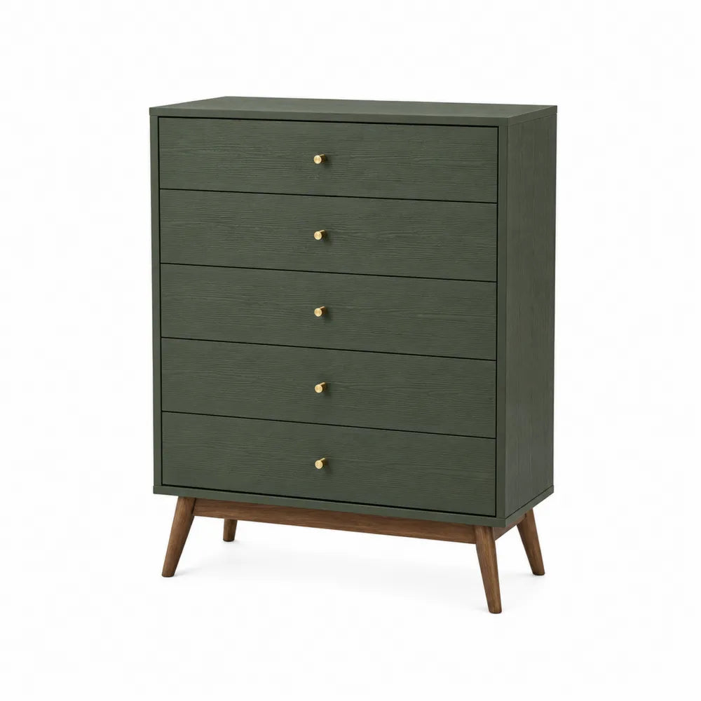 Cassettiera rettangolare 5 cassetti 80 x 40 x 100 cm in MDF verde scuro con gambe in legno e pomelli dorati