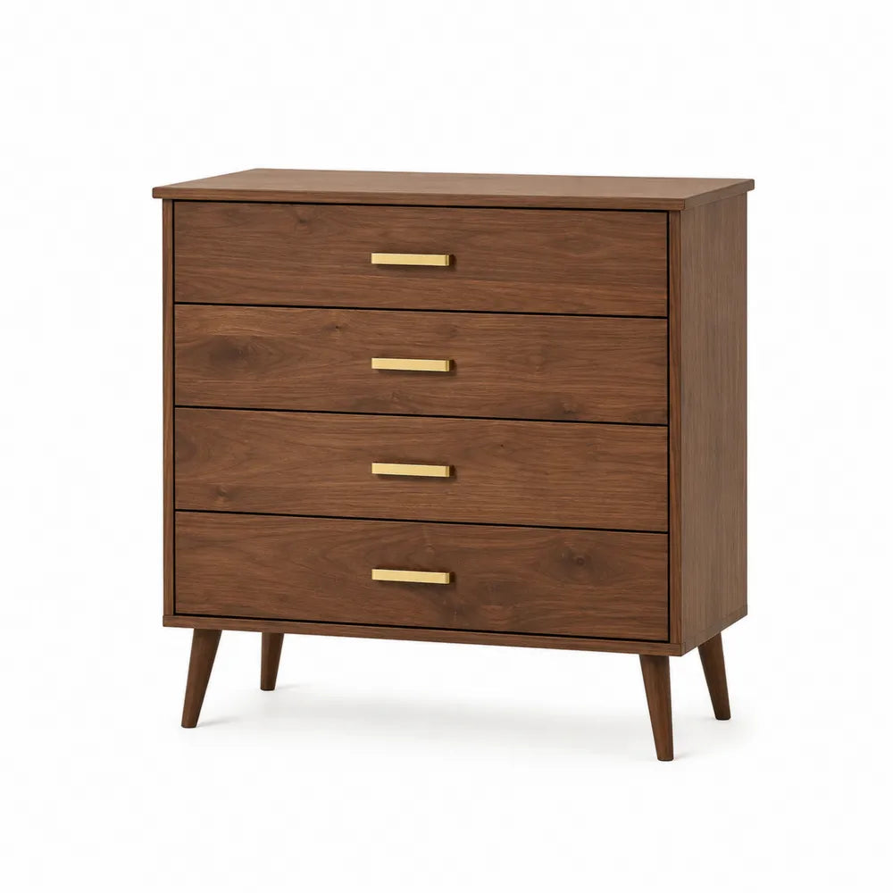 Cassettiera rettangolare 4 cassetti 80 x 40 x 90 cm in MDF effetto noce con gambe in legno e maniglie dorate