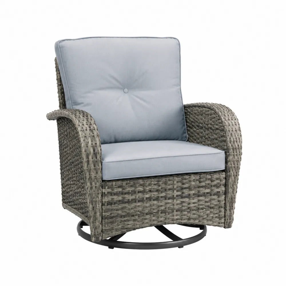 Poltrona lounge girevole da esterno in rattan sintetico PE grigio beige con cuscini grigio chiaro e base in acciaio nero 75 x 80 x 85 cm