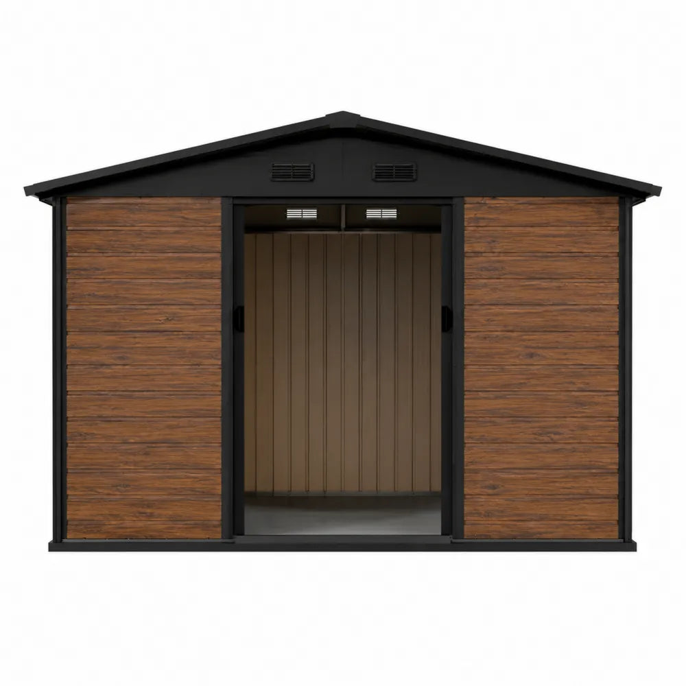 Casetta da giardino per deposito esterno rettangolare 200 x 150 x 220 cm in acciaio zincato effetto legno con doppia porta marrone e nero