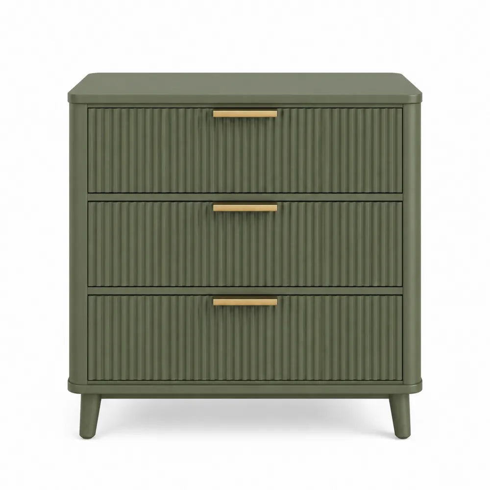 Cassettiera rettangolare 3 cassetti 80 x 40 x 85 cm in MDF verde oliva con frontali scanalati e maniglie dorate