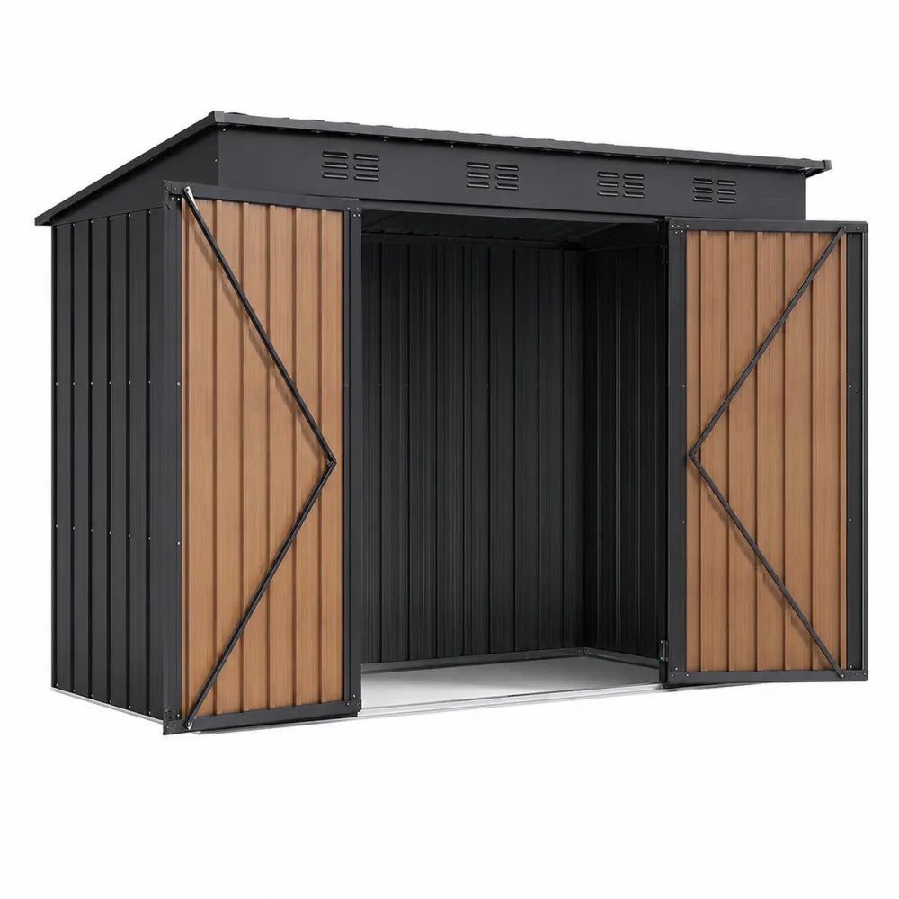 Casetta da giardino per deposito esterno rettangolare 260 x 180 x 190 cm in acciaio zincato effetto legno con doppia porta marrone e nero