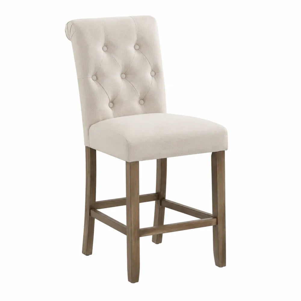 Sedia alta da pranzo imbottita in tessuto beige con schienale trapuntato e struttura in legno massello naturale 50 x 55 x 105 cm