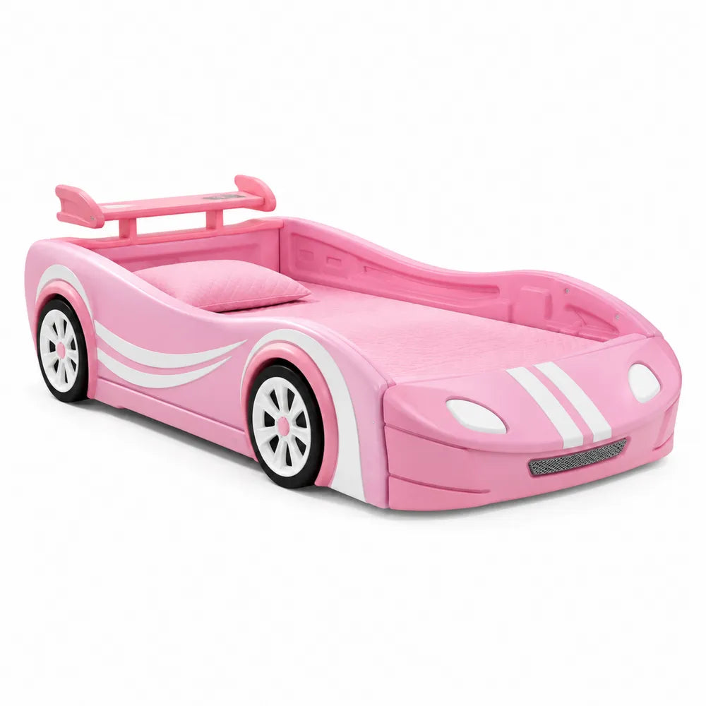 Letto per bambini a forma di auto 200 x 100 cm in MDF e PP rosa bianco nero con ruote decorative