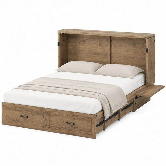 Letto matrimoniale contenitore 160 x 200 cm in MDF effetto rovere naturale con testiera a ripiani e cassetti 205 x 165 x 100 cm
