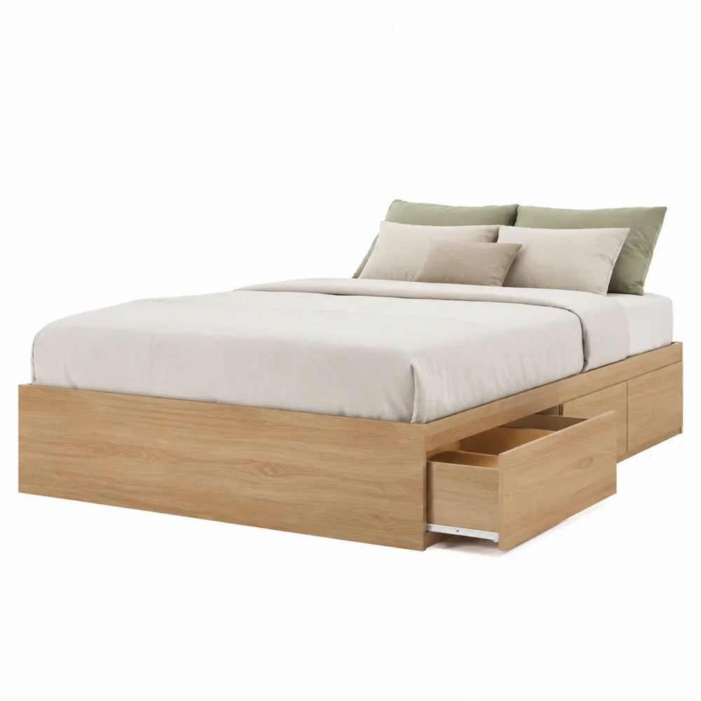 Letto matrimoniale con cassetti laterali in pannelli effetto rovere chiaro 160 x 200 cm struttura piattaforma con contenitori estraibili