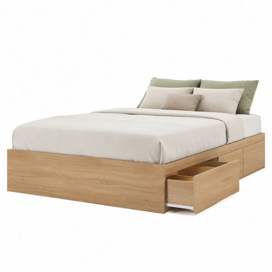 Letto matrimoniale con cassetti laterali in pannelli effetto rovere chiaro 160 x 200 cm struttura piattaforma con contenitori estraibili