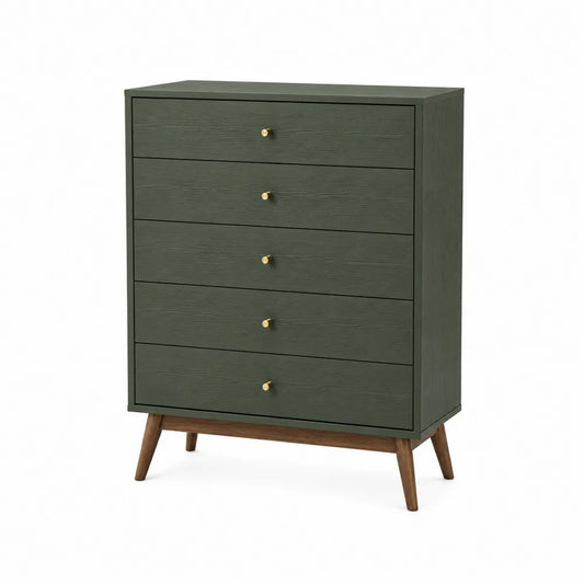 Cassettiera rettangolare 5 cassetti 80 x 40 x 100 cm in MDF verde scuro con gambe in legno e pomelli dorati