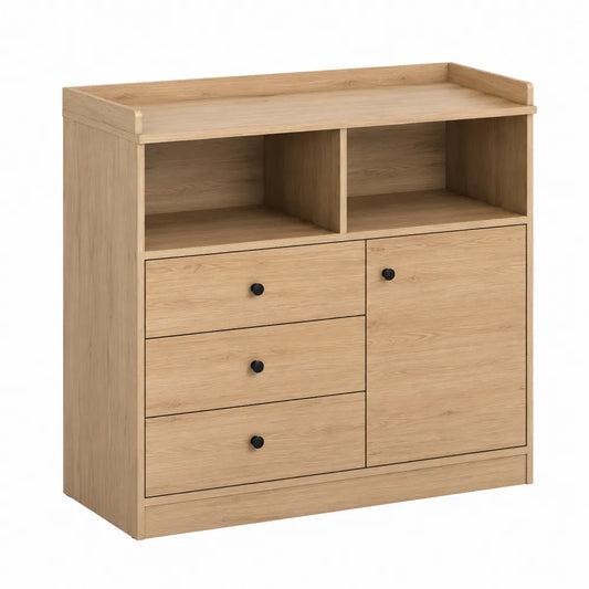 Cassettiera in MDF effetto rovere chiaro con 3 cassetti e anta laterale 120 x 40 x 80 cm
