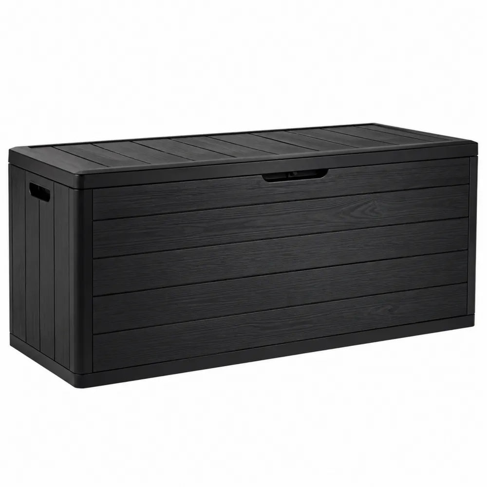 Baule contenitore da esterno rettangolare 120 x 50 x 55 cm in polipropilene effetto legno nero con apertura superiore