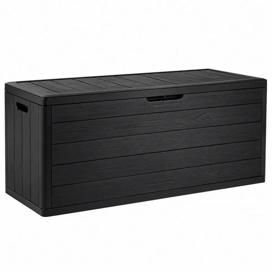 Baule contenitore da esterno rettangolare 120 x 50 x 55 cm in polipropilene effetto legno nero con apertura superiore