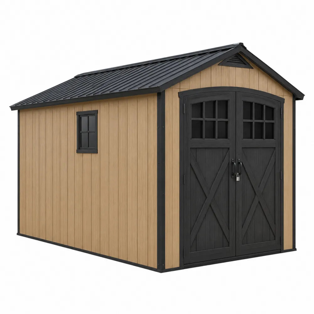 Casetta da giardino in legno ingegnerizzato con doppia porta e finestra laterale 300 cm x 200 cm x 240 cm tetto in acciaio nero