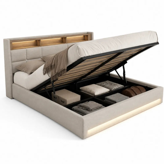 Letto matrimoniale contenitore 160 x 200 cm con sollevamento idraulico e testiera con vani in effetto rovere e rivestimento beige