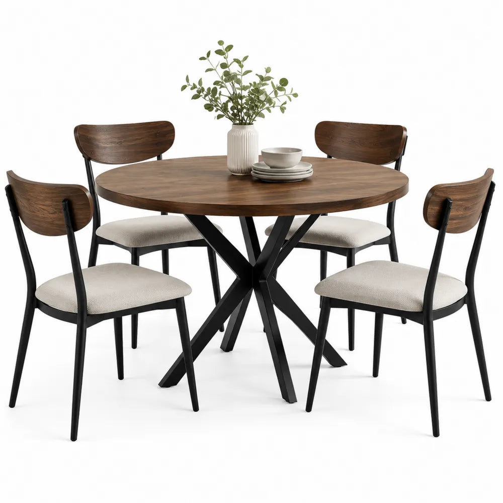 Set da pranzo con tavolo rotondo in MDF effetto noce e 4 sedie imbottite con struttura in acciaio nero diametro 120 cm