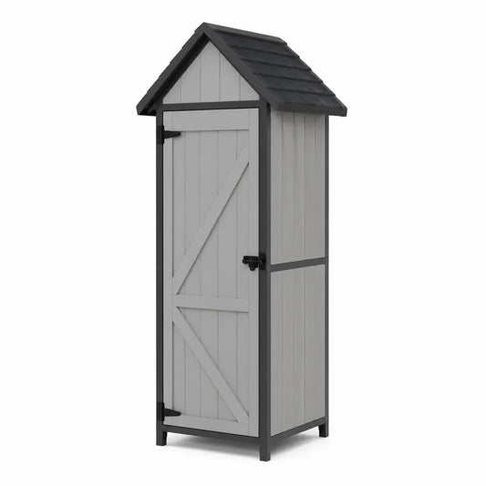 Armadio da esterno per deposito attrezzi verticale 70 x 50 x 170 cm in polipropilene PP effetto legno con tetto a due falde grigio e nero