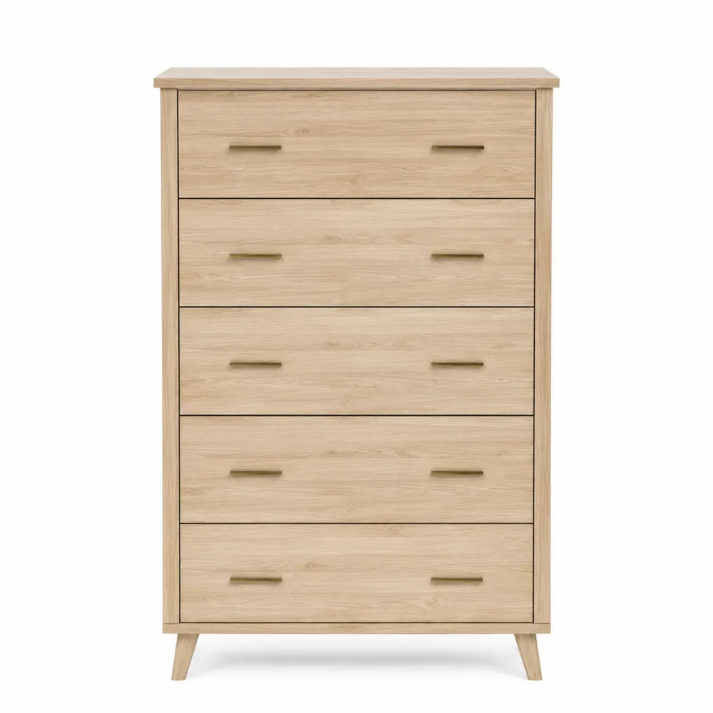 Cassettiera rettangolare 5 cassetti 80 x 40 x 100 cm in MDF effetto rovere chiaro con gambe in legno e maniglie dorate