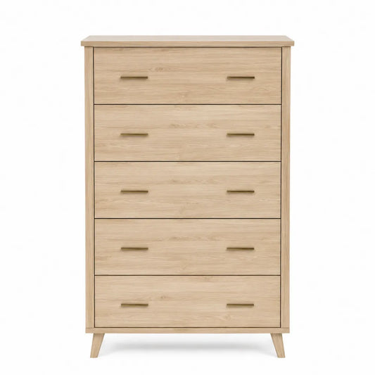 Cassettiera rettangolare 5 cassetti 80 x 40 x 100 cm in MDF effetto rovere chiaro con gambe in legno e maniglie dorate
