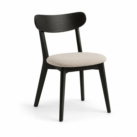 Sedia da pranzo in legno massello nero con seduta imbottita in tessuto beige chiaro e schienale curvo 52 x 54 x 82 cm