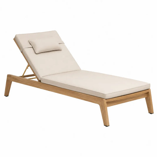 Lettino da esterno chaise longue in legno massello di acacia con schienale regolabile e cuscino in tessuto poliestere beige 200 cm x 65 cm x 90 cm