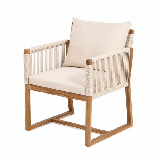 Sedia da esterno con braccioli in legno massello di acacia e corda intrecciata beige con cuscini imbottiti 65 x 70 x 85 cm