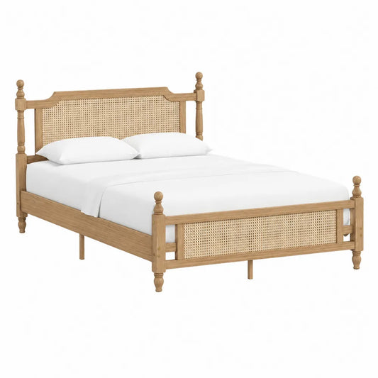 Letto matrimoniale in legno massello effetto naturale con testiera e pediera in rattan intrecciato 160 x 200 cm struttura classica