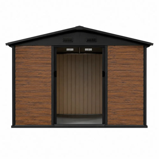 Casetta da giardino per deposito esterno rettangolare 200 x 150 x 220 cm in acciaio zincato effetto legno con doppia porta marrone e nero
