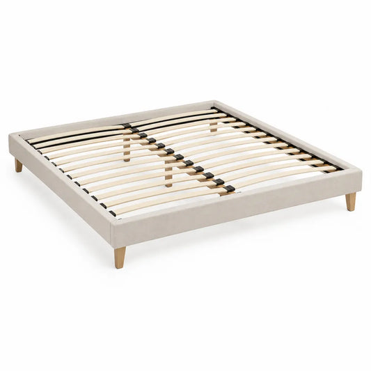Letto matrimoniale a piattaforma rettangolare 160x200 cm in tessuto poliestere beige chiaro con rete a doghe e gambe in legno
