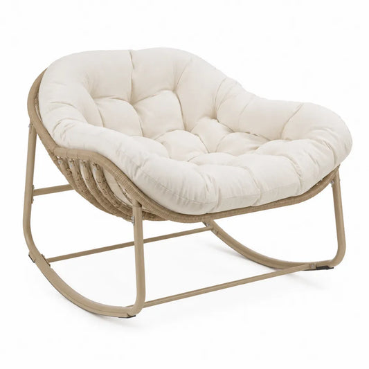 Sedia lounge a dondolo da esterno in acciaio verniciato beige con corda intrecciata e cuscino crema 85 x 90 x 80 cm