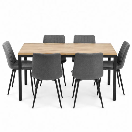 Set da pranzo con tavolo rettangolare in MDF effetto rovere chiaro e 6 sedie imbottite grigie con struttura in acciaio nero 140 x 80 x 75 cm