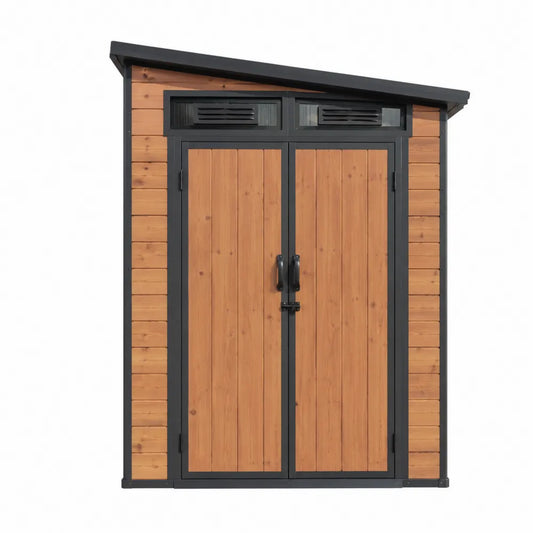 Casetta da giardino per deposito esterno rettangolare 200 x 150 x 220 cm in legno di conifera e acciaio verniciato con doppia porta marrone naturale e nero
