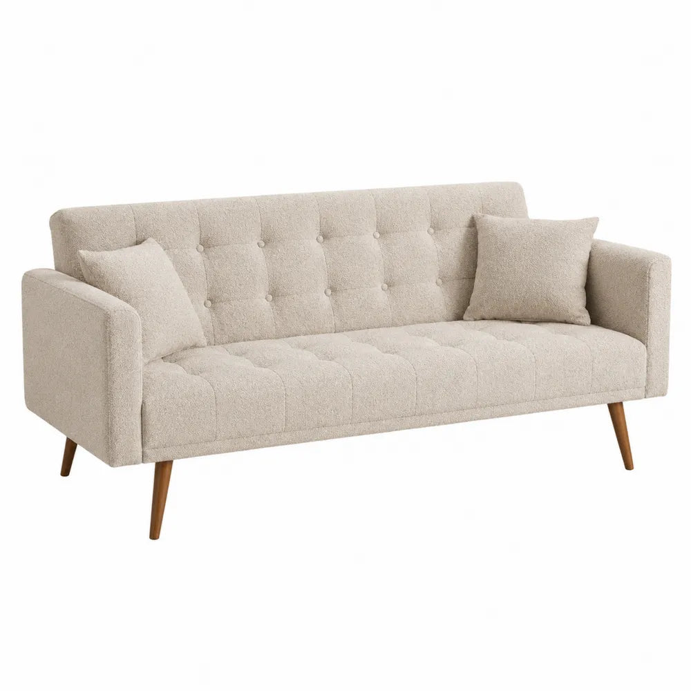 Divano letto a tre posti in tessuto bouclé poliestere beige struttura in legno massello 200 cm x 95 cm x 85 cm