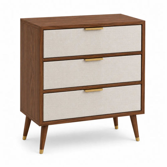 Cassettiera rettangolare 3 cassetti 80 x 40 x 85 cm in MDF effetto noce e tessuto beige con maniglie dorate
