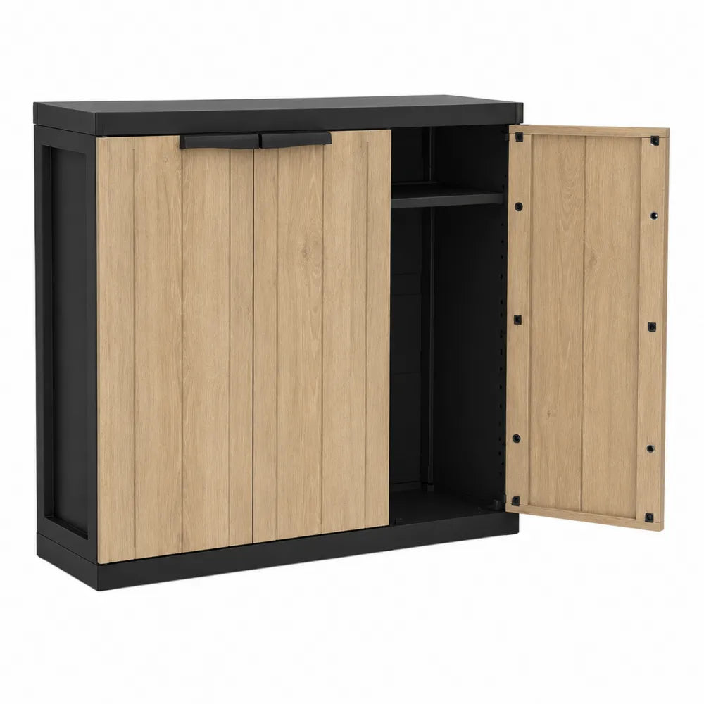 Armadio da esterno in legno ingegnerizzato con struttura in acciaio e doppia anta 100 cm x 50 cm x 95 cm colore nero e naturale