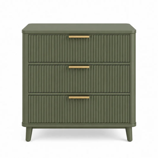 Cassettiera rettangolare 3 cassetti 80 x 40 x 85 cm in MDF verde oliva con frontali scanalati e maniglie dorate
