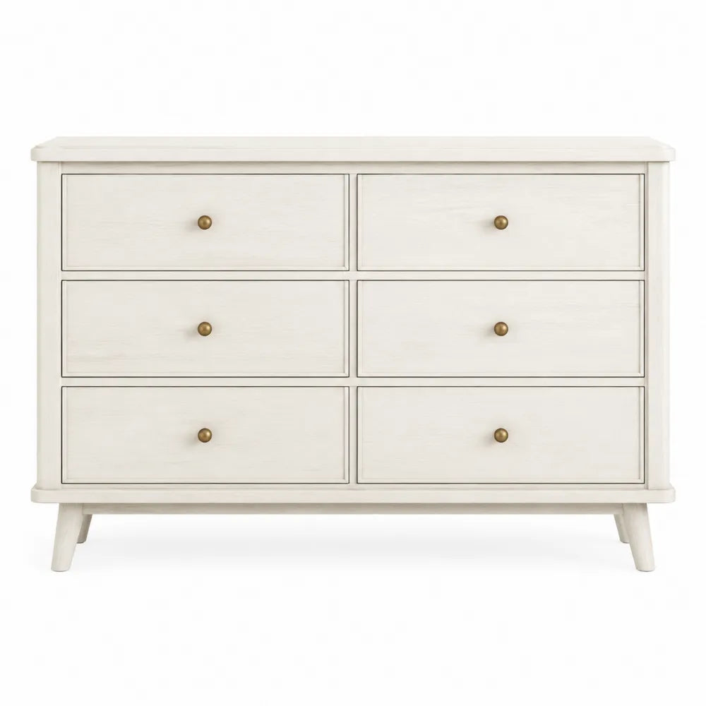 Cassettiera rettangolare 6 cassetti 120 x 40 x 80 cm in MDF effetto legno bianco avorio con pomelli color oro