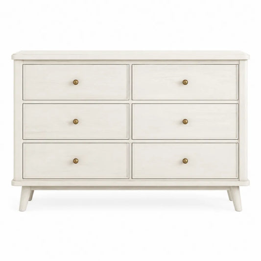 Cassettiera rettangolare 6 cassetti 120 x 40 x 80 cm in MDF effetto legno bianco avorio con pomelli color oro