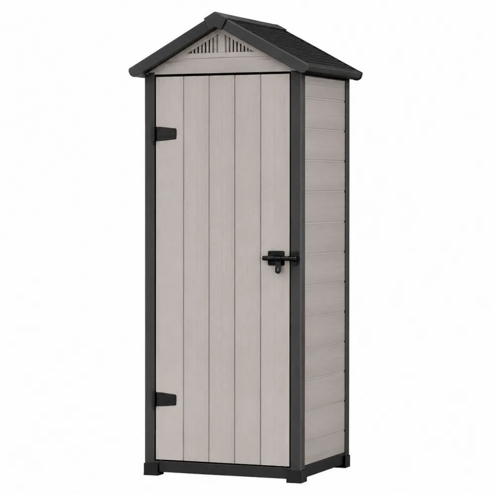 Armadio da esterno per deposito giardino verticale 80 x 60 x 180 cm in polipropilene PP effetto legno con porta singola e tetto a due falde tortora e nero