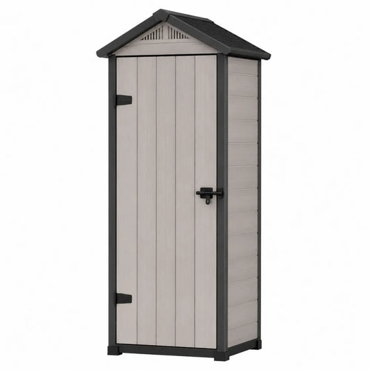 Armadio da esterno per deposito giardino verticale 80 x 60 x 180 cm in polipropilene PP effetto legno con porta singola e tetto a due falde tortora e nero