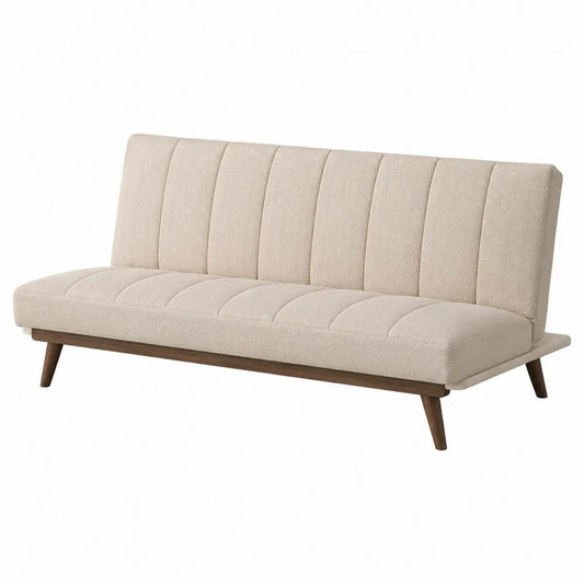 Divano letto 3 posti 200 x 90 x 85 cm in tessuto poliestere beige con schienale reclinabile e gambe in legno marrone