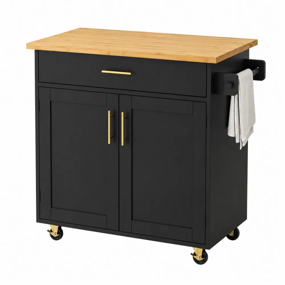 Carrello cucina in MDF con piano in bambù 90 cm x 45 cm x 90 cm nero e naturale con cassetto ante e ruote