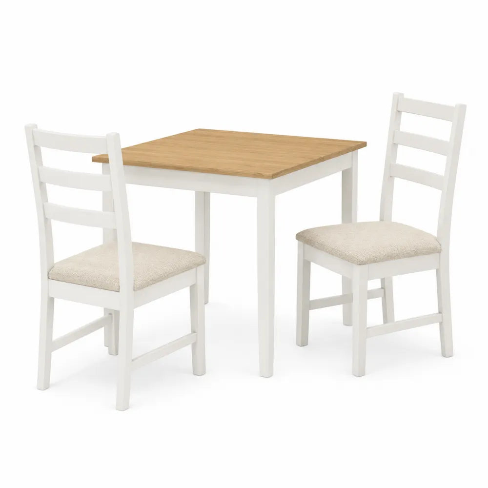 Set da pranzo con tavolo quadrato in MDF effetto rovere chiaro e 2 sedie imbottite beige con struttura bianca 80 x 80 x 75 cm