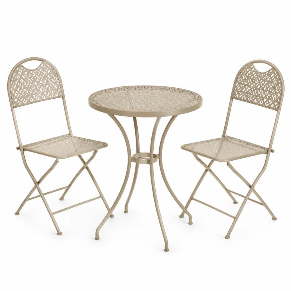 Set bistrò da esterno con tavolo rotondo e 2 sedie pieghevoli in acciaio verniciato beige 60 cm x 60 cm x 70 cm