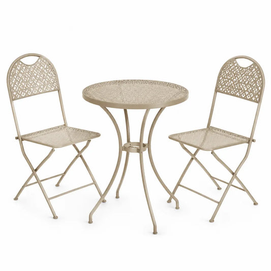 Set bistrò da esterno con tavolo rotondo e 2 sedie pieghevoli in acciaio verniciato beige 60 cm x 60 cm x 70 cm