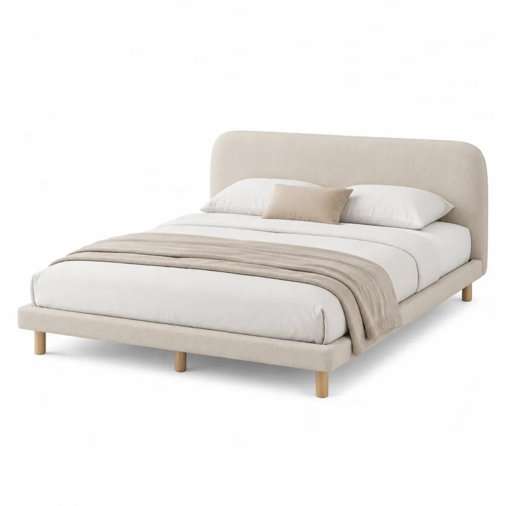 Letto matrimoniale rettangolare imbottito 160x200 cm in tessuto poliestere beige chiaro con testiera arrotondata e gambe in legno