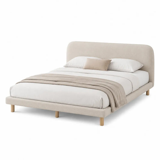 Letto matrimoniale rettangolare imbottito 160x200 cm in tessuto poliestere beige chiaro con testiera arrotondata e gambe in legno