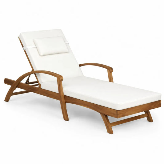 Lettino da esterno reclinabile in legno massello di acacia con cuscino bianco e braccioli 200 x 65 x 35-90 cm