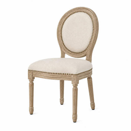 Sedia da pranzo in legno massello di faggio naturale con schienale ovale imbottito beige e chiodini oro antico 50 x 55 x 95 cm