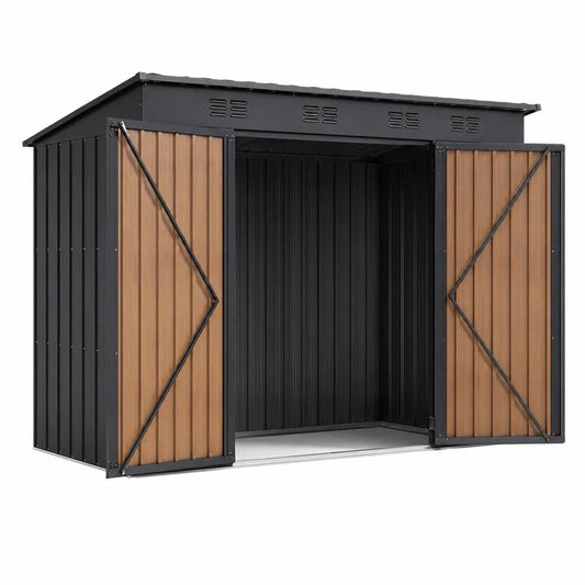Casetta da giardino per deposito esterno rettangolare 260 x 180 x 190 cm in acciaio zincato effetto legno con doppia porta marrone e nero