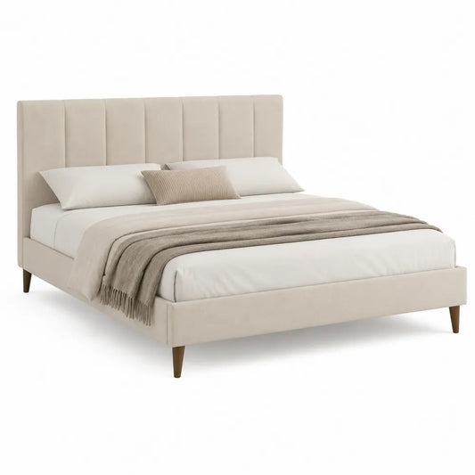 Letto matrimoniale imbottito con testiera trapuntata verticale 160 x 200 cm struttura in MDF e tessuto poliestere colore beige crema